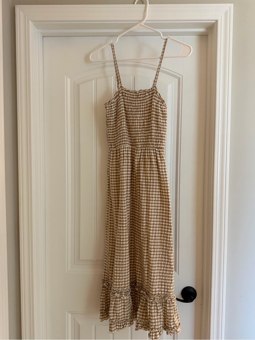 Smocked Gingham Midi Dress in Beige